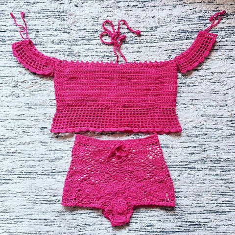 Scarlet Off-Shoulders Boyshorts Bohemian Crochet Set